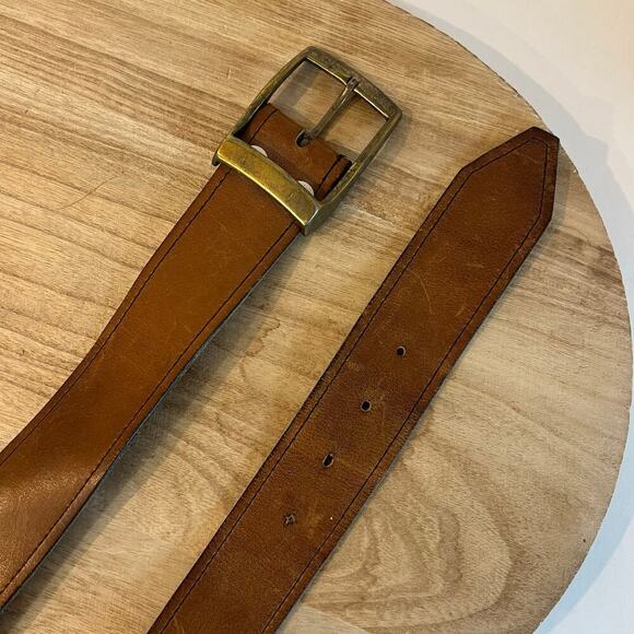 Vintage 90s Soft Tan Genuine Leather Chunky Brass Buckle Belt Size M/L - Picture 5 of 12